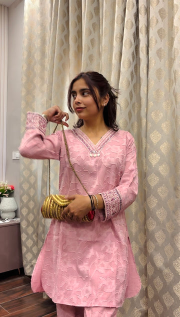 Pink Cotton Cord Set with Embellished Embroidery on the Kurta