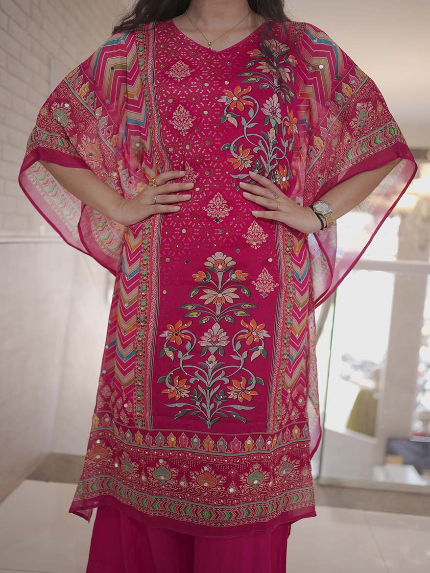 Rani Maroon Kaftan Set with Mirror Work Embroidery – Luxe Comfort Redefined