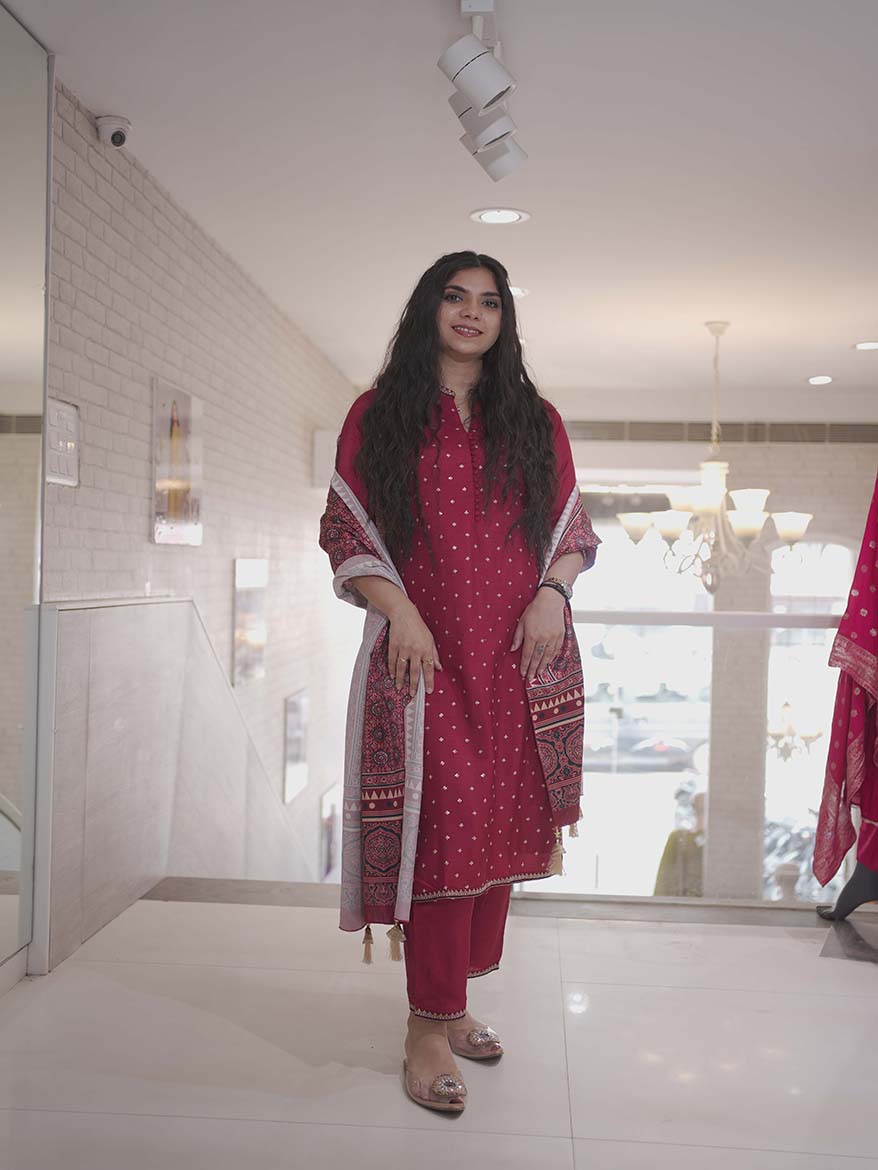Maroon Straight Silk Suit with Ajrak Dupatta