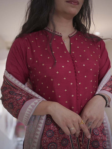 Maroon Straight Silk Suit with Ajrak Dupatta