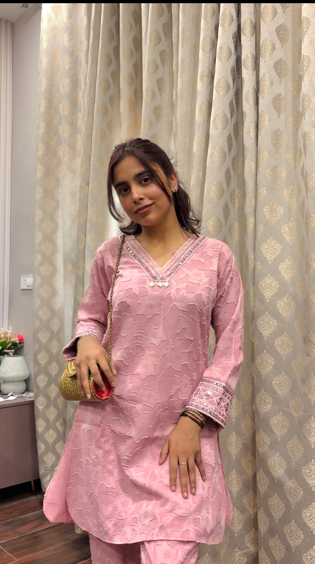 Pink Cotton Cord Set with Embellished Embroidery on the Kurta