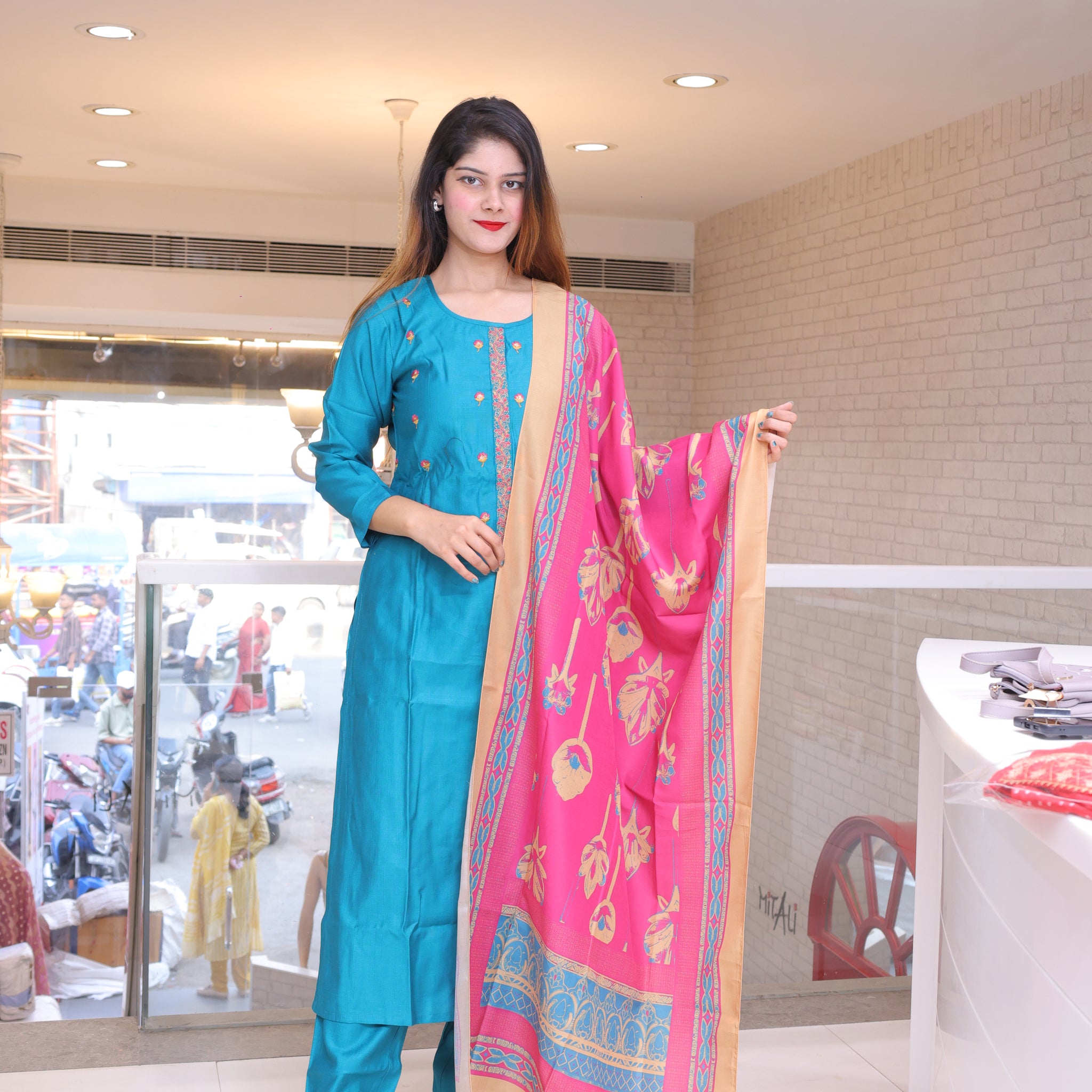 Rama Green Straight Suit with Dupatta